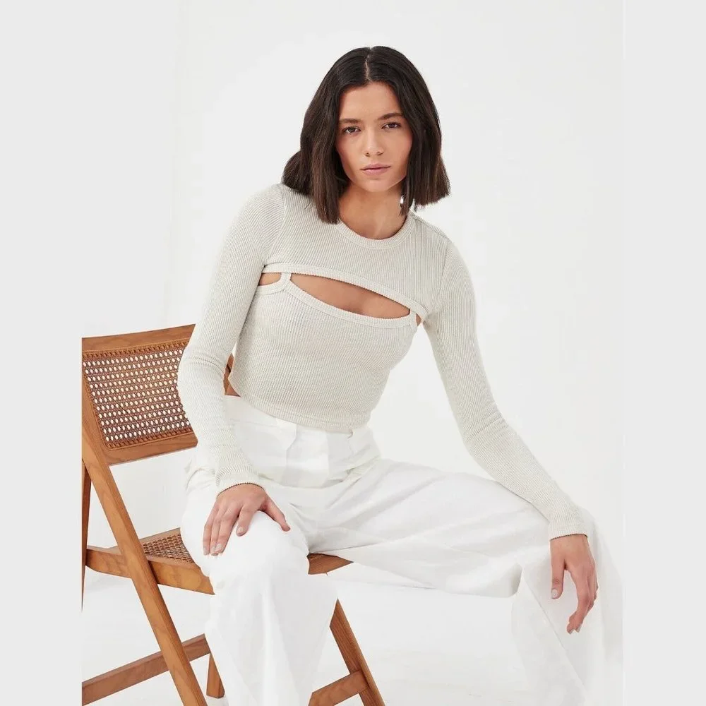 4th & Reckless Women's Bone White Gabrielle 2-Piece Arm Warmer Crop Top Size L_5